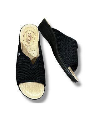 Fly Flot Sandals US 6.5/EU38 Black Stretch Knit Comfort Wedge Italy Anatomic